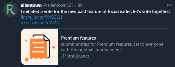 Focus Reader 开发者发起新功能调查2021年，#RSS阅读器 #App #FocusReader 将开启付费用户模式，开发者因此发布问卷，摸底大家最想要的功能