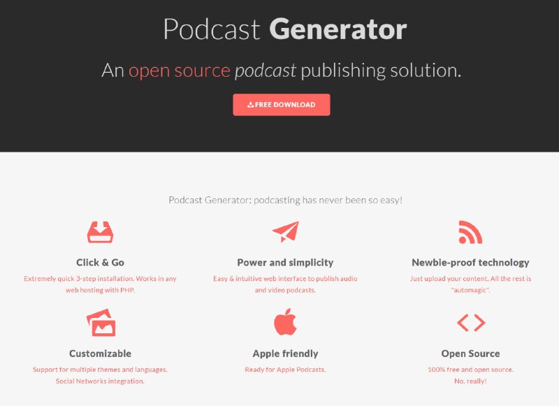 基于 #PHP 的 #开源 #播客 架站 #工具如果要自建播客，并想全权控制所有内容的话，可以选择用 #PodcastGenerator 独立架站，支持生成适配 #iTunes 的 Podcast Feed