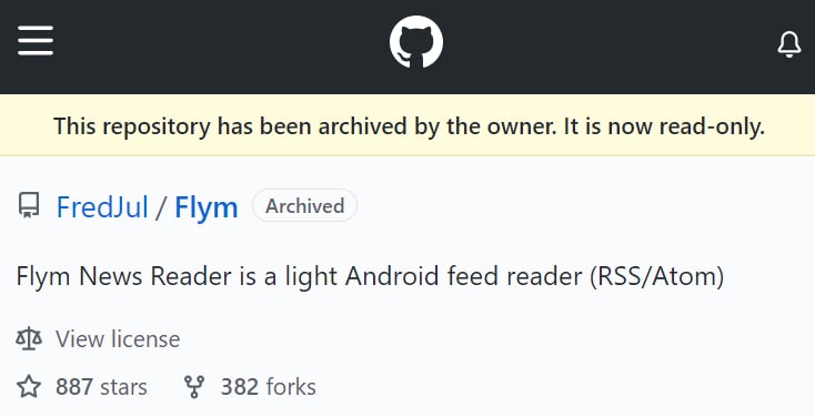 Android #开源 #RSS阅读器 Flym News Reader 停止官方维护#Flym 是长青应用，自 2013 年迭代至今，积累了一批用户