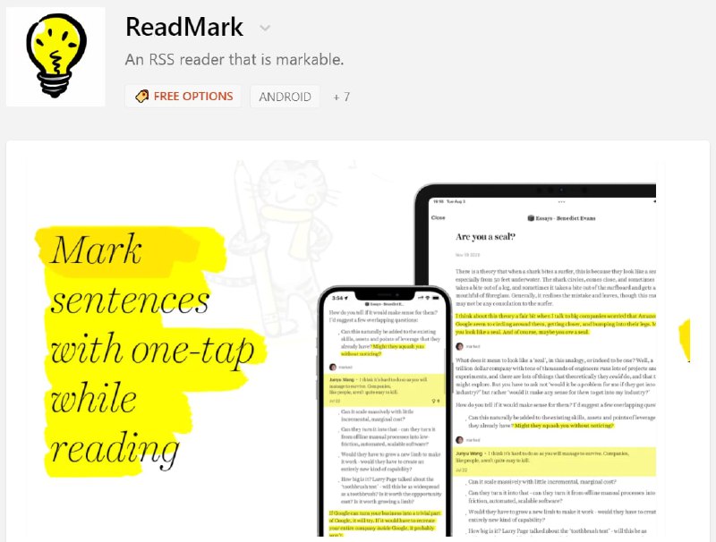 可以 Mark 的 #RSS阅读器 - ReadMark 结束测试，发布 1.0 版🔸支持 #iOS 和 #Android 双版本🔸可将个人标注同步至 Evernote / OneNote / Notion🔸可将个人标注输出为私有 RSS Feed🔸订阅制