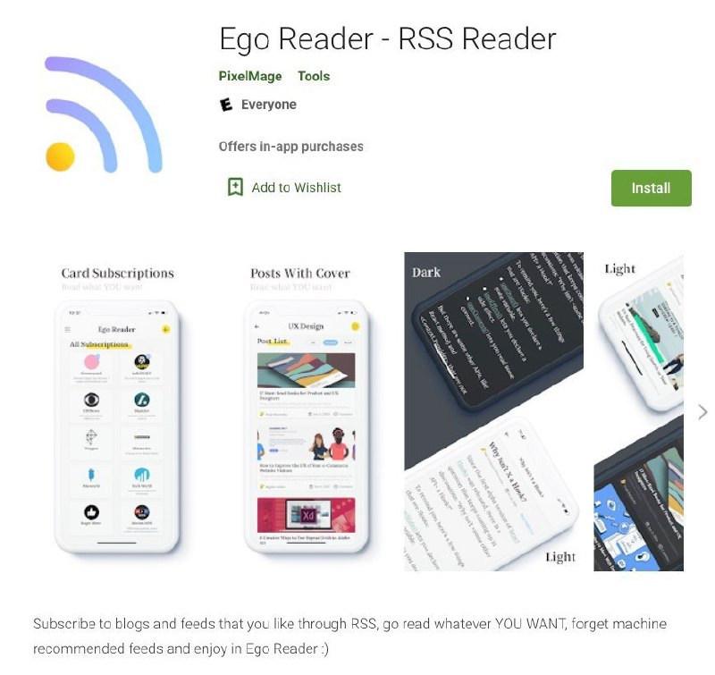 #RSS阅读器 #EgoReader 推出 #Android 版今年6月发布 iOS 版 #APP 的 Ego Reader 今日推出安卓版，已上架 Google Play