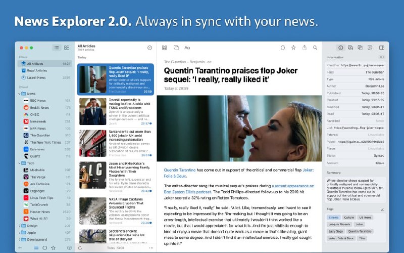 苹果全平台阅读器 News Explorer 发布 2.0 版作为一款大而全的老牌付费阅读器，#NewsExplorer 早已不仅限于 RSS 订阅，11 月发布的 2.0 版本正是在其功能和场景的丰富上更进一步