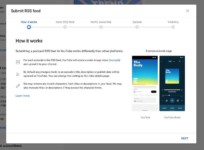 YouTube 在播客业务上拥抱 RSS🔸  播客主播现在可以在 YouTube Studio 提交播客的 RSS 地址，提交之后主播在 RSS 里添加的新节目都会被自动转换成一个静态图片视频上传到主播的 YouTube 频道