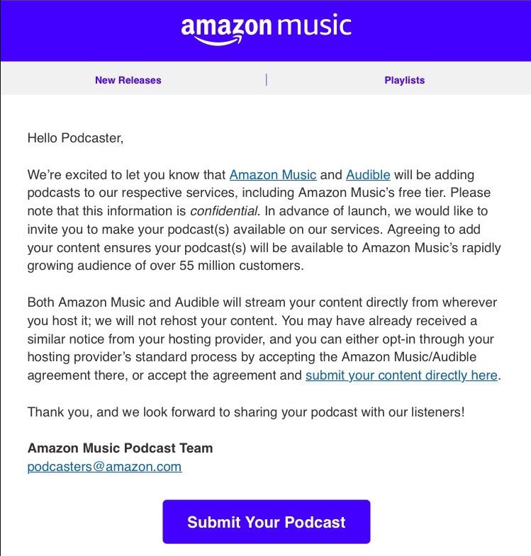 #Amazon 旗下音乐 Music 和有声书 Audible 服务开始接受 #播客 RSS Feed 提交提交 RSS Feed 的地址在此，但播客功能上线时间还待定中