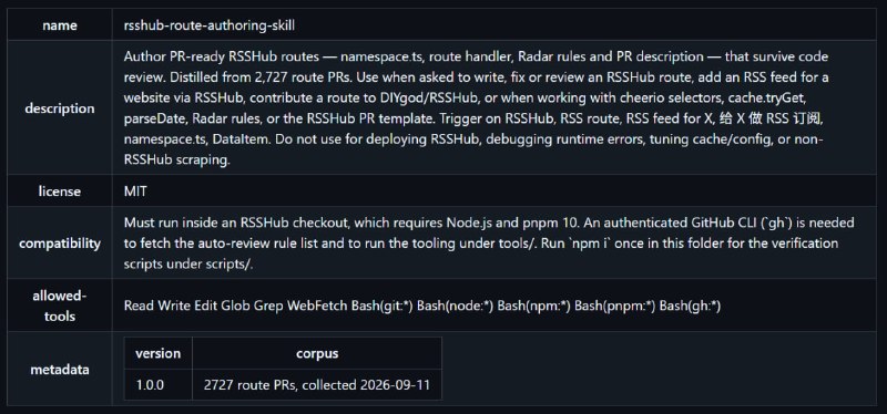 让 AI 写了一个给 RSSHub 写路由的 Agent Skill不才不咋会写代码，早先时常想着啥时候能给 RSSHub 写写路由，既能自用，又做了贡献