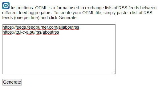 #OPML #generator一个每行填一个 RSS feed url ，然后点击生成按钮即可出来 OPML 文件的 #工具 