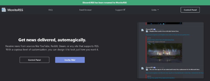 原 Discord 的 #开源 RSS 机器人 Discord.RSS 更名为 MonitoRSS域名也由 DiscordRSS.xyz 更换为