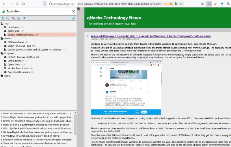 「Sage-Like is a customizable RSS feed reader extension for Firefox」Sage-Like 是火狐上的一款侧栏式 #RSS阅读器 #浏览器扩展 