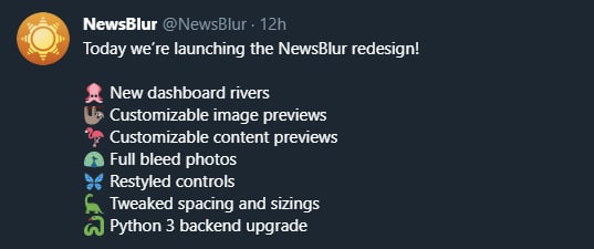 #开源 #RSS阅读器 NewsBlur 新设计版上线#NewsBlur 此次更新带来了 web 端、 #iOS 和 #Android App 的全部最新设计版，详见其官方日志