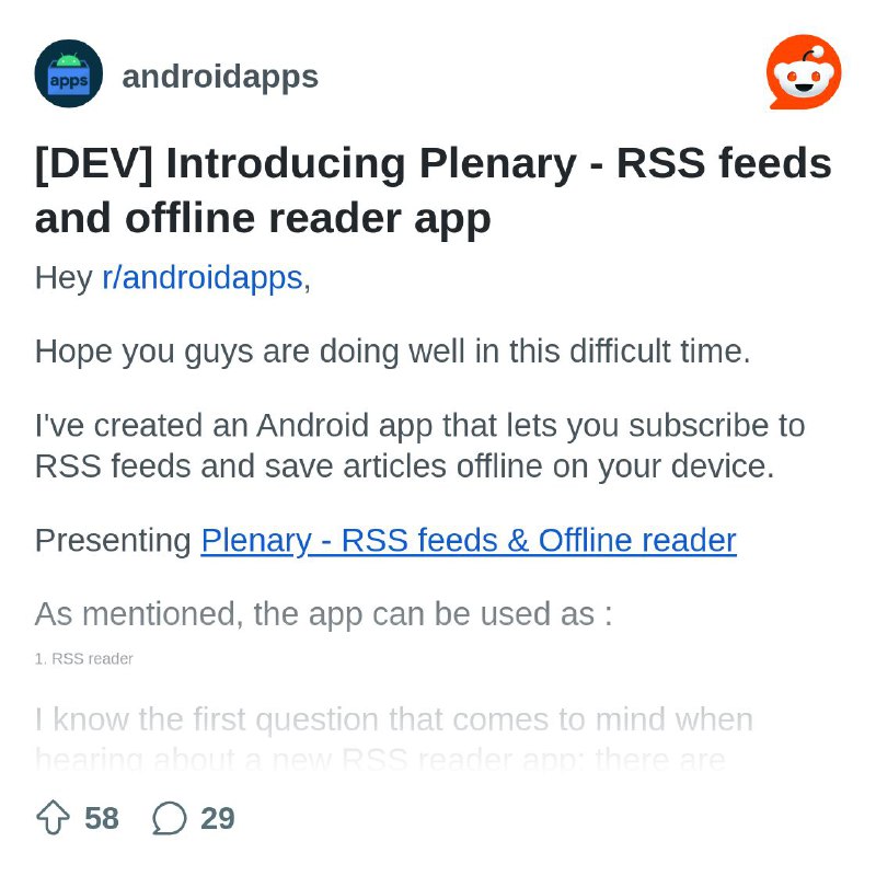 From the androidapps community on Reddit: [DEV] Introducing Plenary - RSS feeds and offline reader app