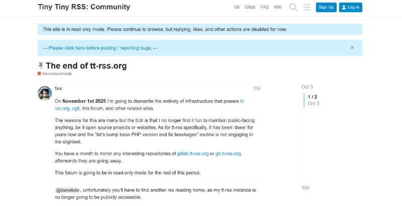 Tiny Tiny RSS 作者将停止维护该项目项目作者在 #TTRSS 官方论坛发布